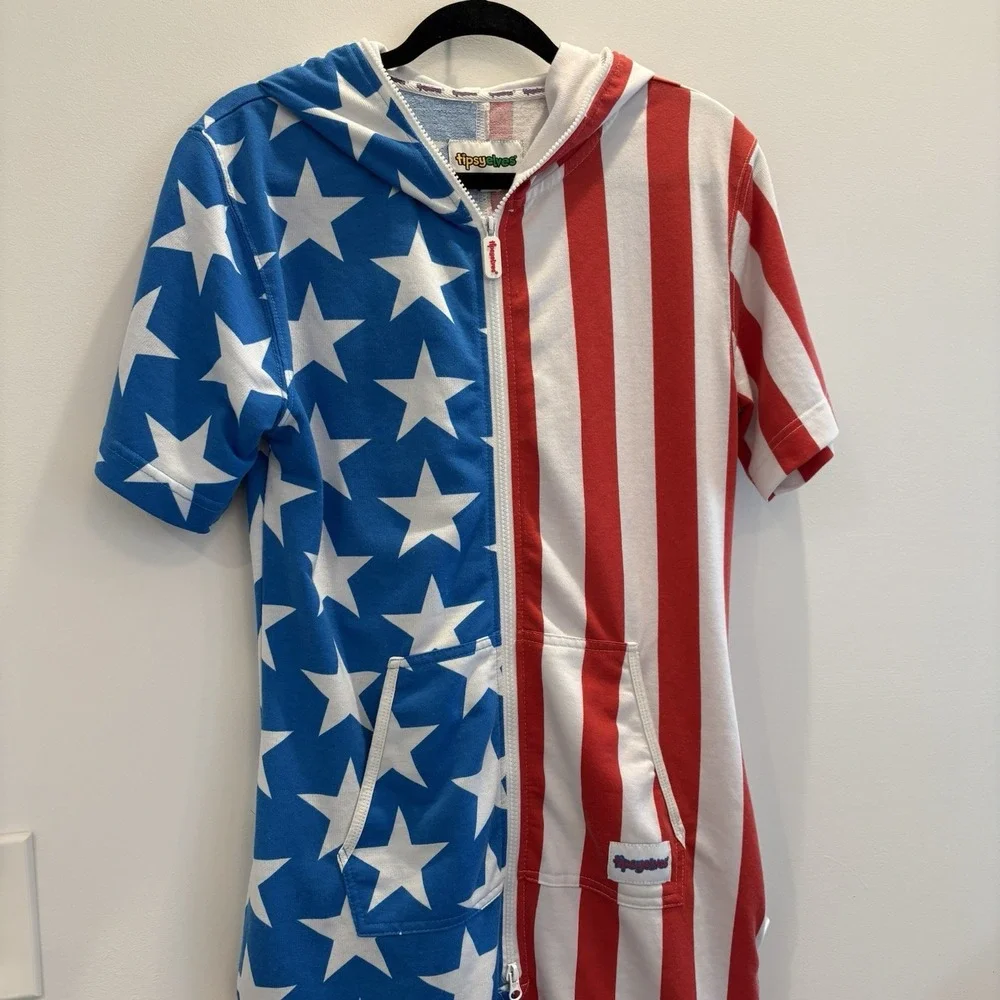 Tipsy Elves MEN'S Sz M‎ USA Hooded Fleece Patriotic American Flag Jumpsuit